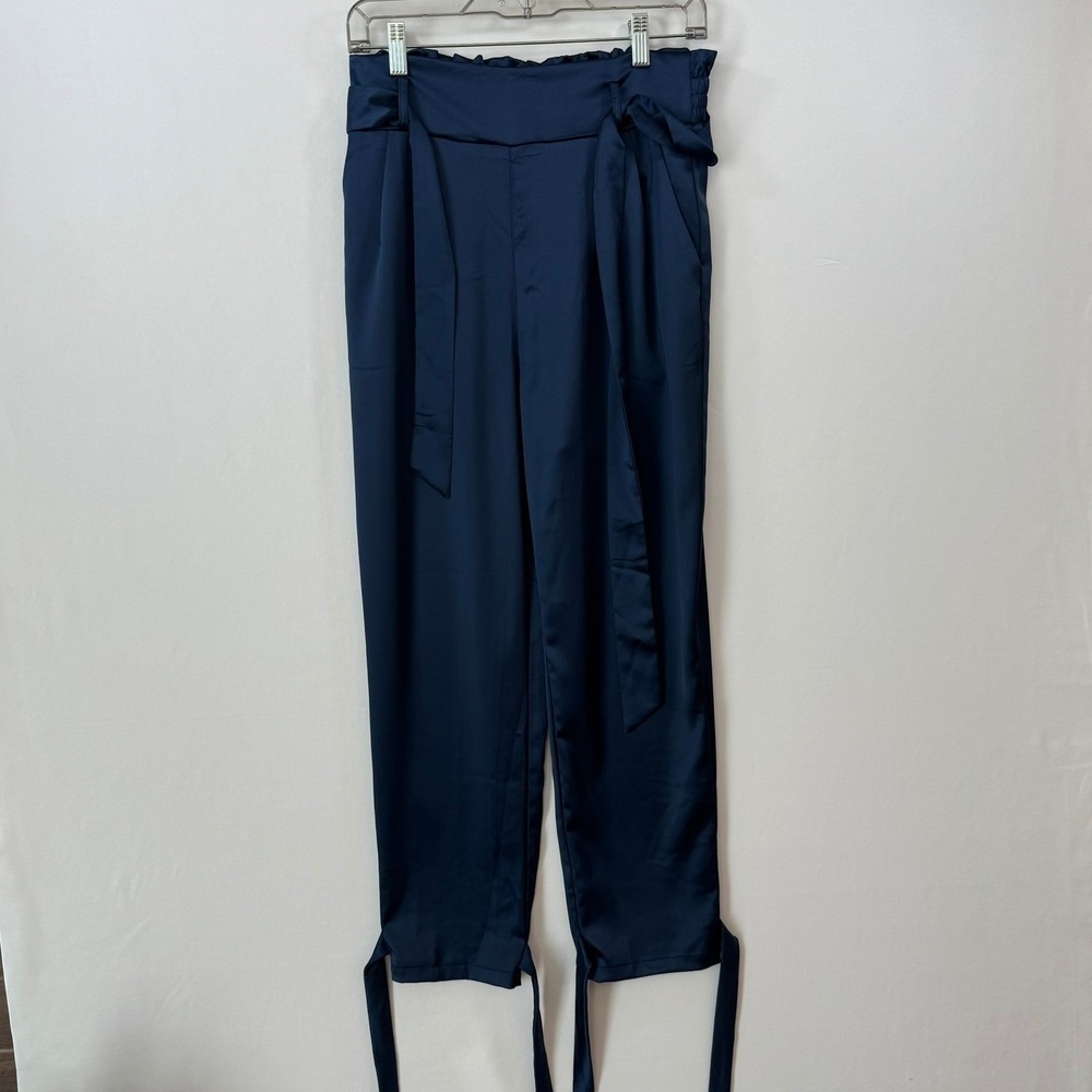 Grace Karin Navy Blue Satin Paperbag Waist Ankle Tie Cropped Trousers M